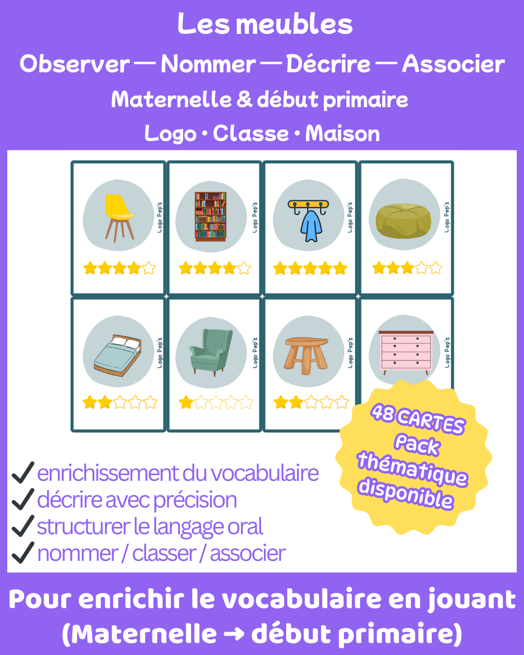 Bataille d’étoiles – Vocabulaire : Les meubles (48 cartes + cartes Chance)