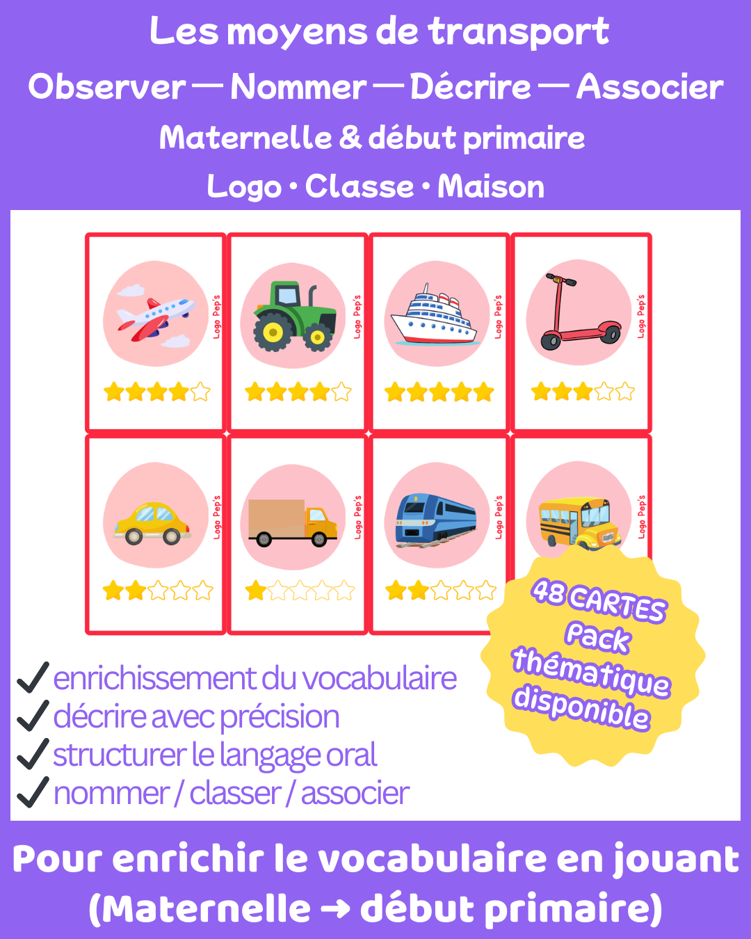 Bataille d’étoiles – Vocabulaire : Moyens de transport (48 cartes + cartes Chance)