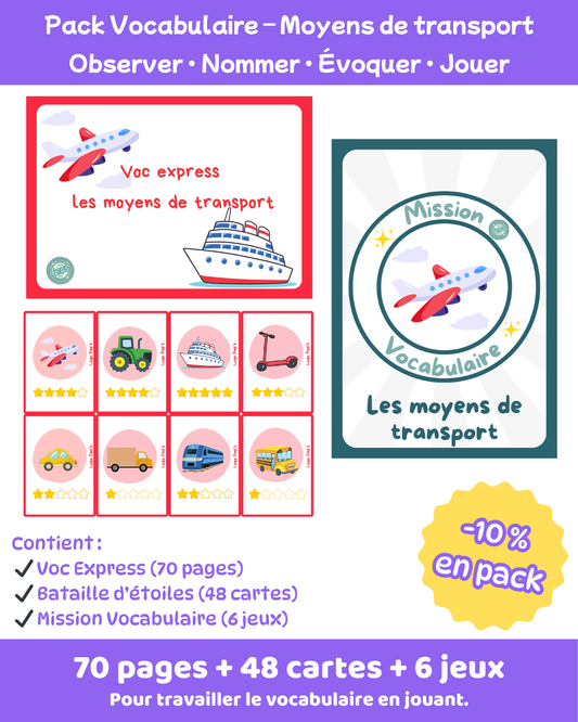 Pack Vocabulaire – Moyens de transport (80 pages + 48 cartes + 6 jeux)