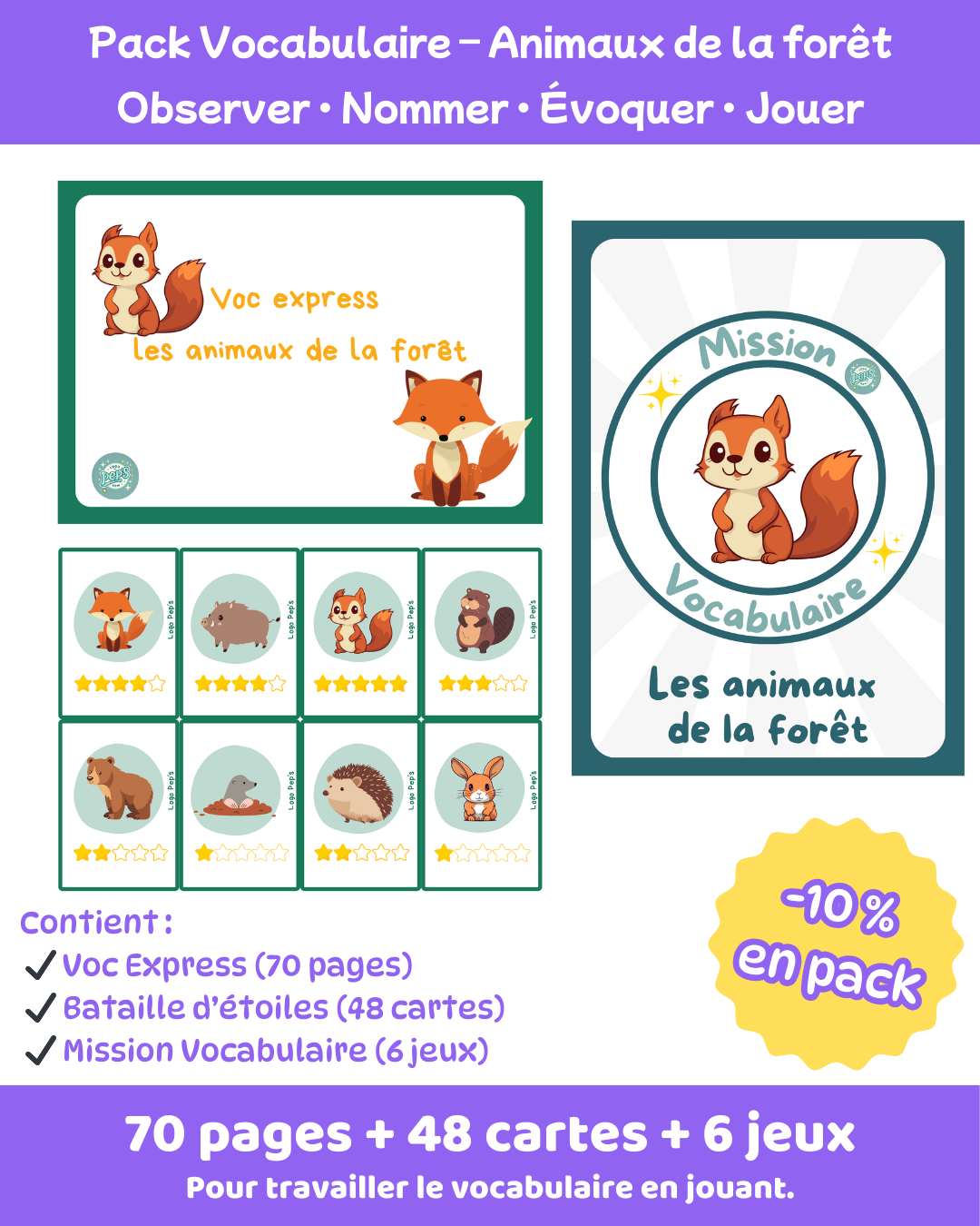 Pack Vocabulaire – Animaux de la forêt (70 pages + 48 cartes + 6 jeux)