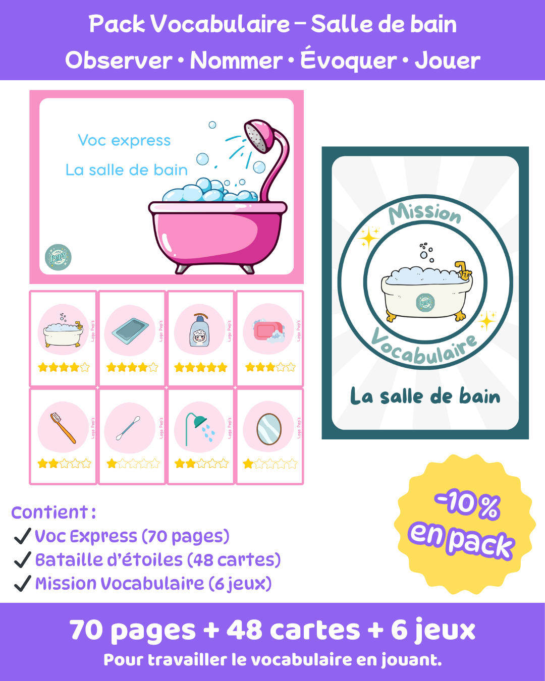 Pack vocabulaire – La salle de bain (70 pages + 48 cartes + 6 jeux • Maternelle – CP–CE1)