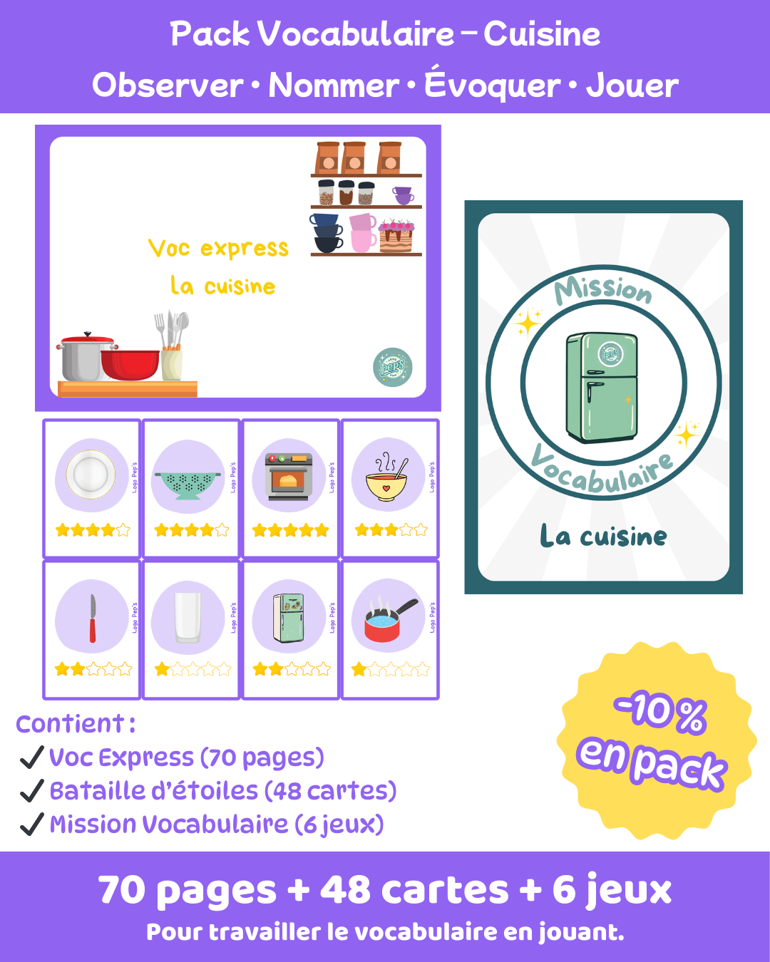 Pack Vocabulaire – Cuisine (70 pages + 48 cartes + 6 jeux)
