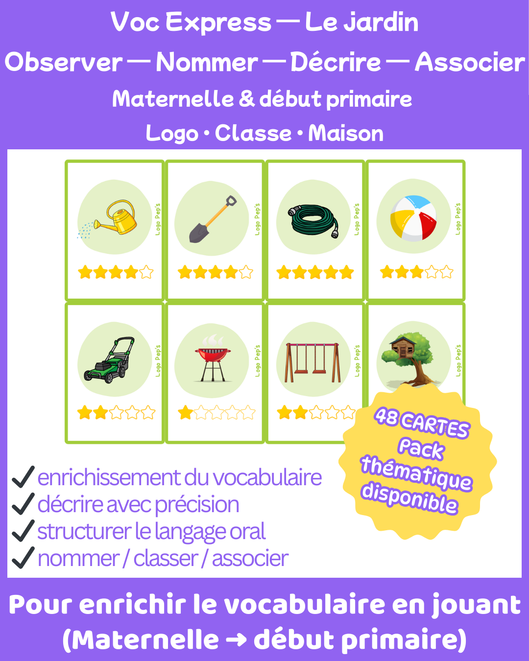 Bataille d’étoiles – Vocabulaire : Le jardin (48 cartes + cartes Chance)
