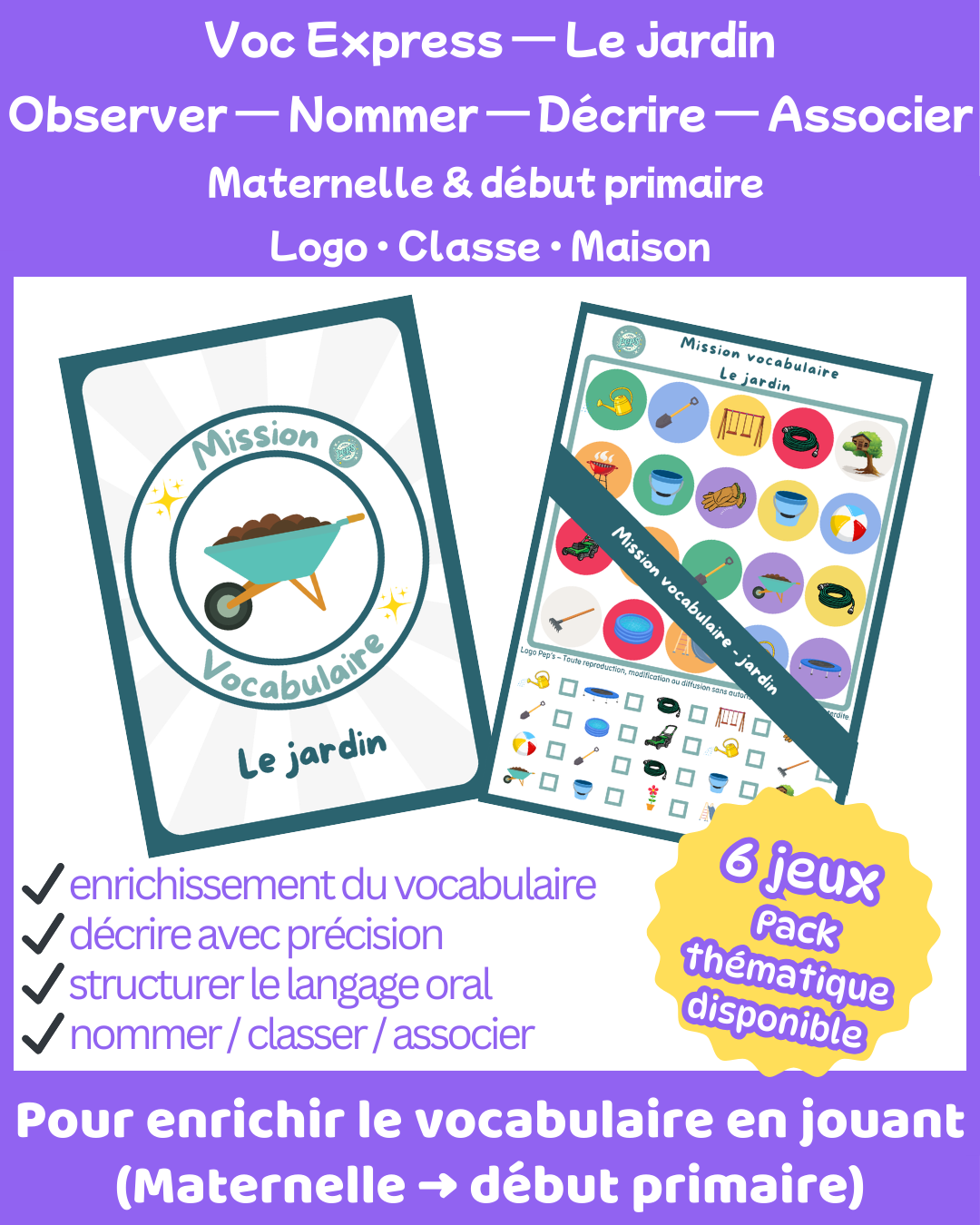 Mission Vocabulaire – Jardin (6 jeux • Maternelle – CP–CE1)