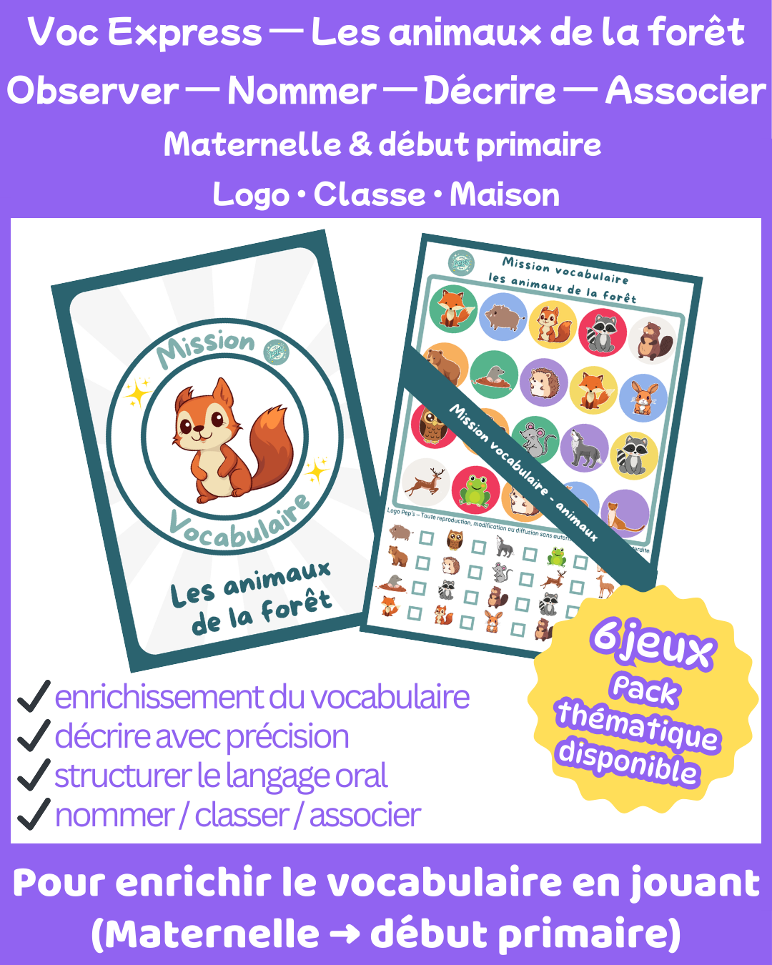Mission Vocabulaire – Les animaux de la forêt (6 jeux • Maternelle – CP–CE1)