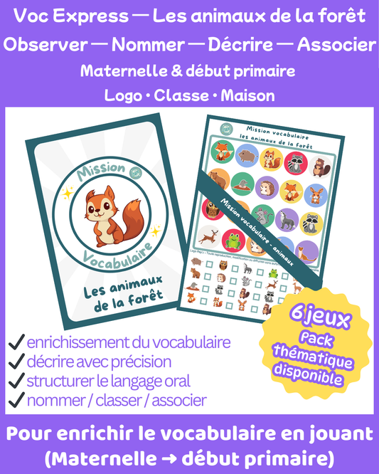 Mission Vocabulaire – Les animaux de la forêt (6 jeux • Maternelle – CP–CE1)