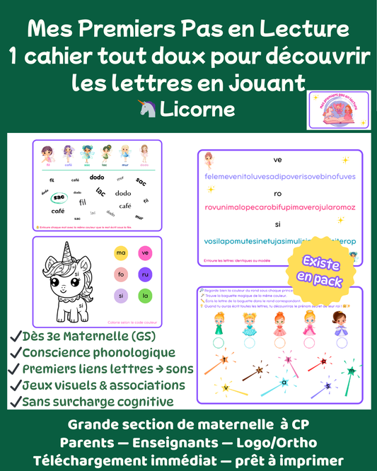 Mes premiers pas en lecture - thème licorne